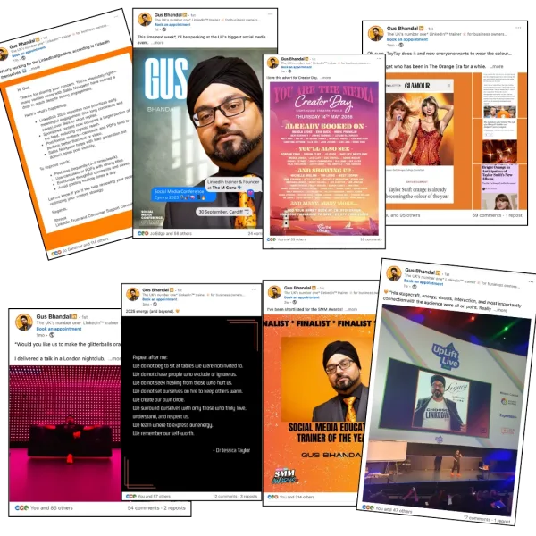 Social Media Training – Gus Bhandal An array of Social Media posts from Gus' LinkedIn